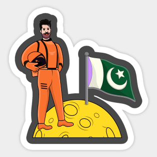 Astronaut standing with flag on moon vector illustration. Sticker